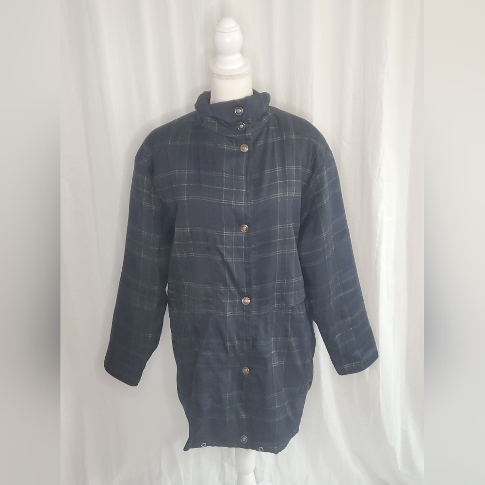 London Fog Womens Jacket Coat Multicolor Navy Plaid Snap Mock Neck Pockets Sz 0X